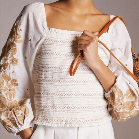 Anthropologie Tops - Anthropologie boho cream Smocked Blouse with embroidered floral puff sleeves